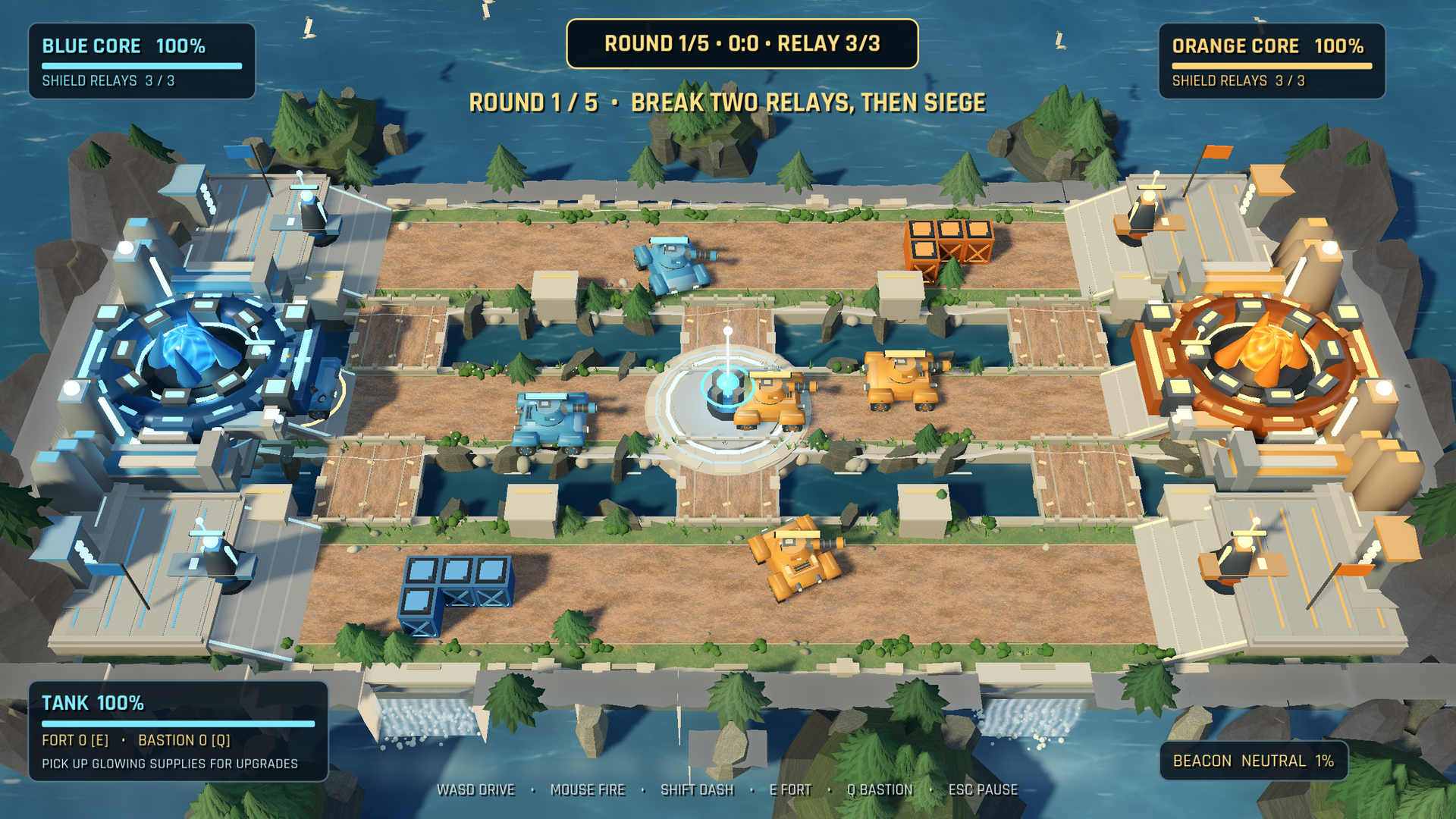 Full three-lane island battlefield with blue and orange bases and the center beacon