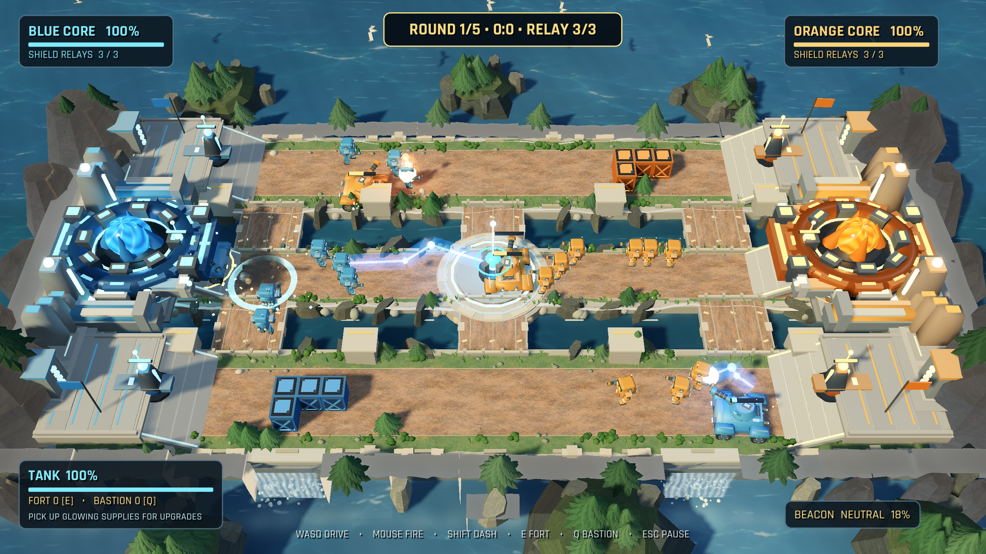 Tanks and robot squads battle across the center lanes with blue energy fire