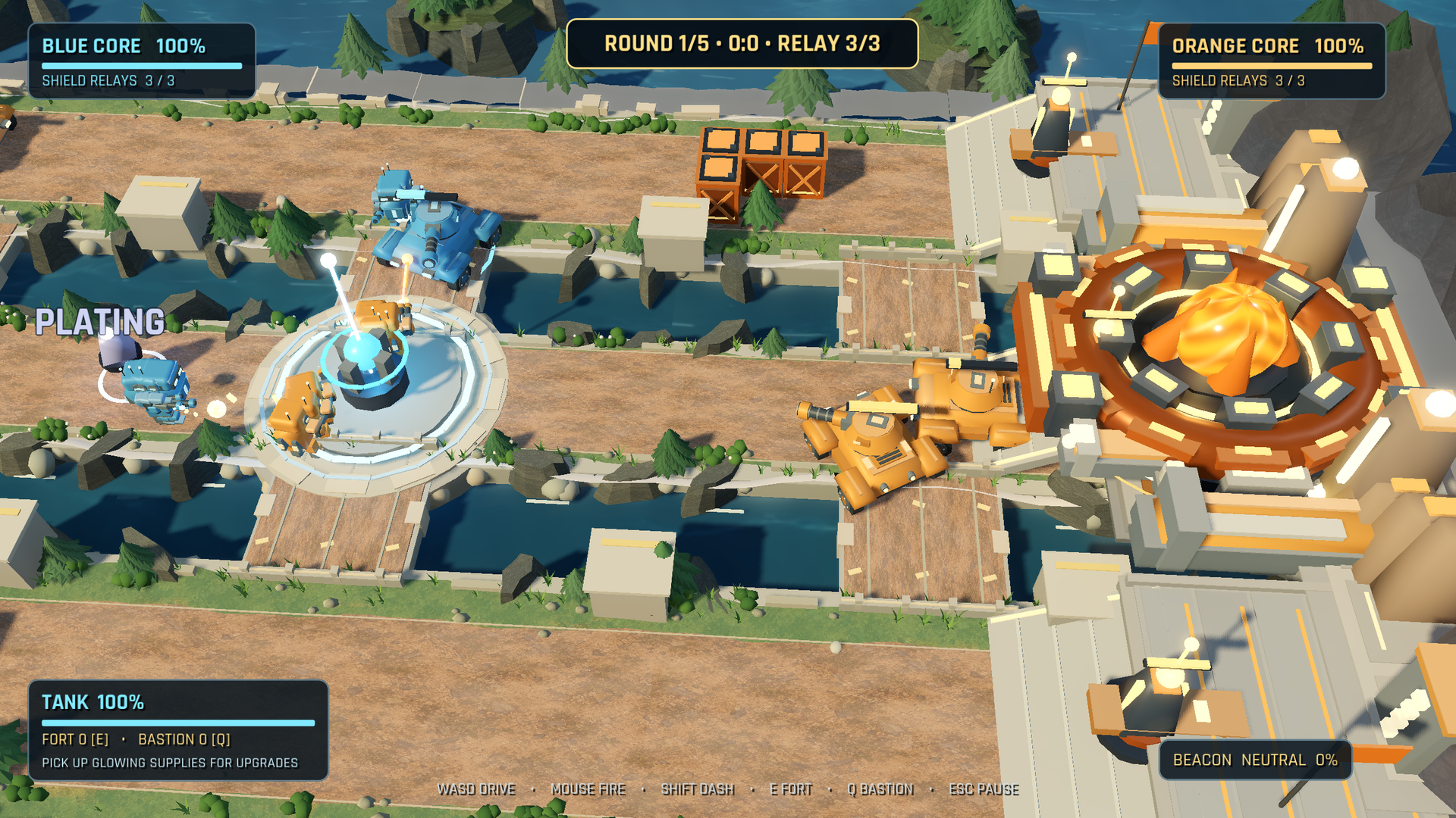 Closer view of the orange base while blue and orange units fight