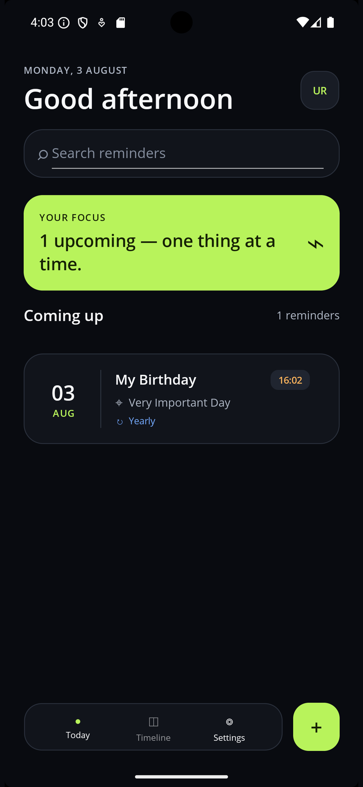 Full UniRemind planning screen